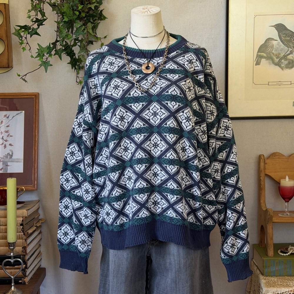 Blue Green Geometric Fair Isle Sweater Grandpacore Vintage L Indie Oversized